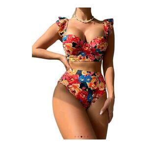 Floral bikini set for woman with ruffle sleeves
